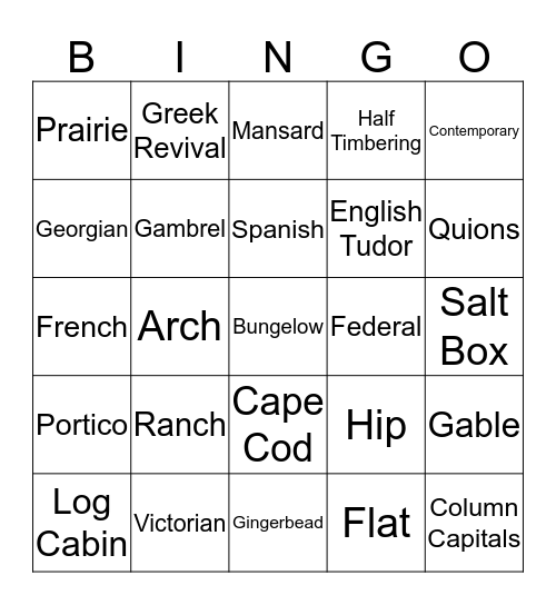 Architectural Styles and Terminology Bingo Card