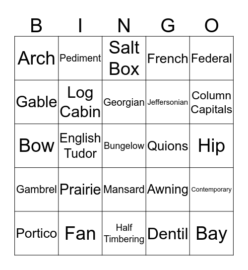 Architectural Styles and Terminology Bingo Card