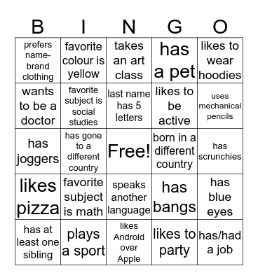 Classroom Bingo Card