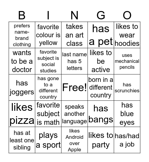 Classroom Bingo Card