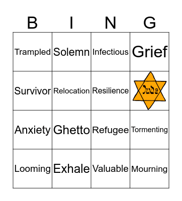 Yellow Star Vocabulary  Bingo Card