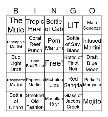 BFG Bar BINGO Card