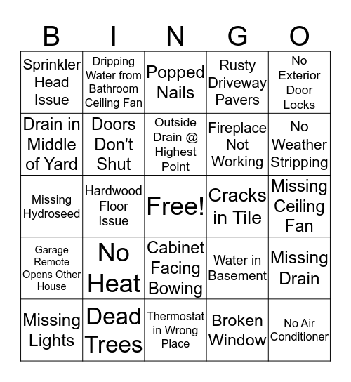 Punch List Bingo Card