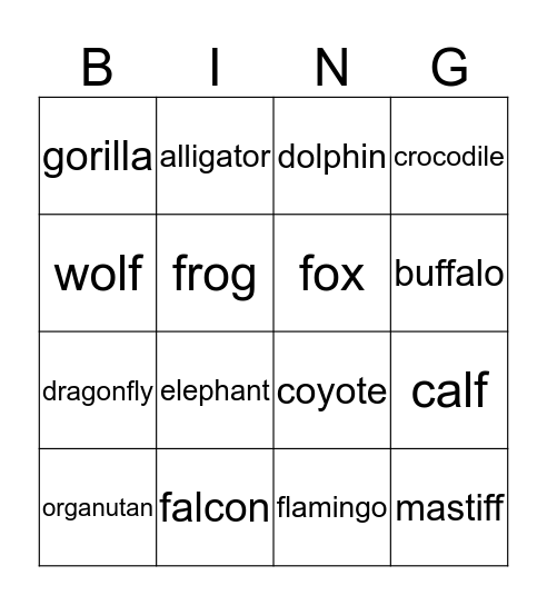 Animals Bingo Card