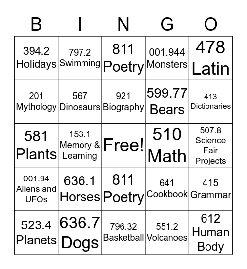 DEWEY BINGO Card