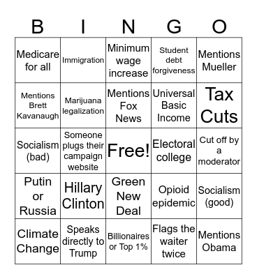 Democratic Debate Bingo Card