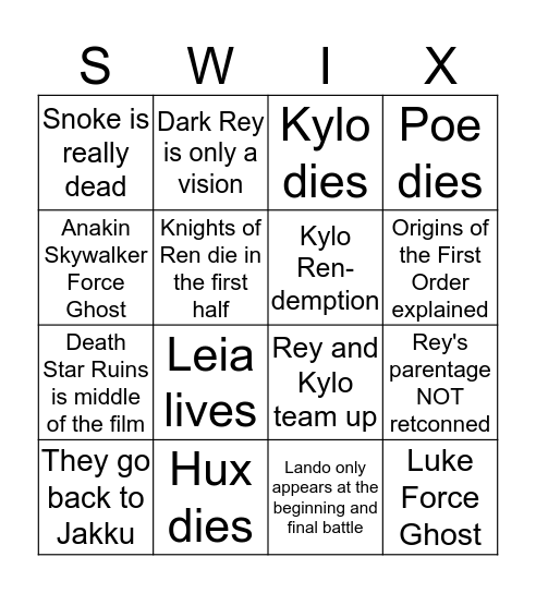 Rise of Skywalker Prediction Bingo Card