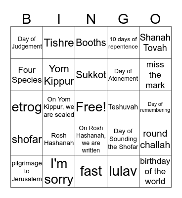 Rosh Hashanah Yom Kippur Sukkot Bingo Card