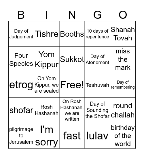 Rosh Hashanah Yom Kippur Sukkot Bingo Card