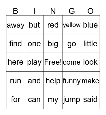 Sight Words Bingo Card