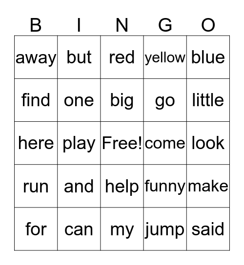 Sight Words Bingo Card