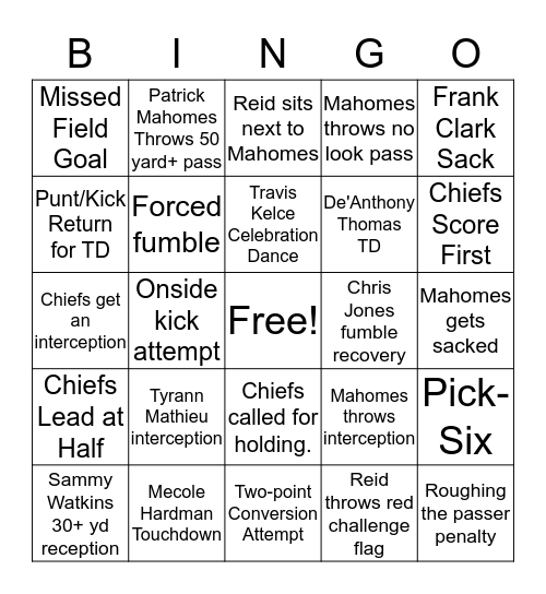 CHIEFS BINGO!  Bingo Card