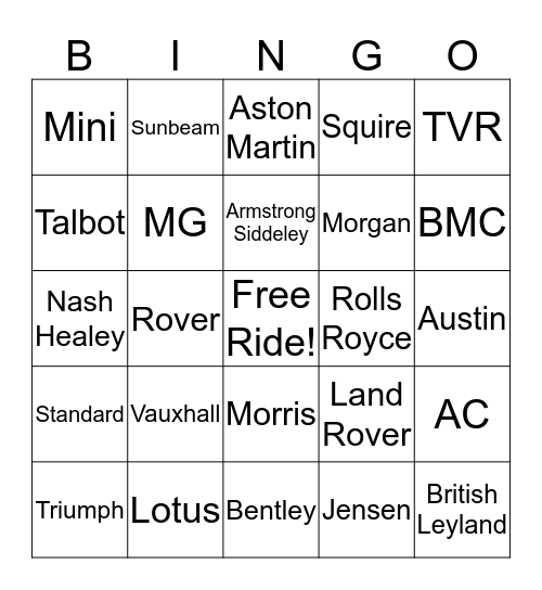 British Automobile Manufactures  Bingo Card