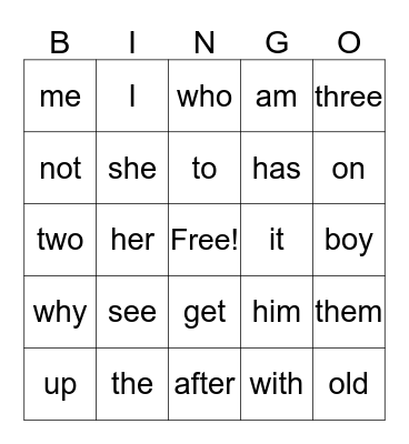 Sight Words Bingo Card