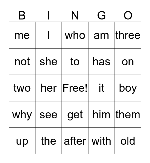 Sight Words Bingo Card