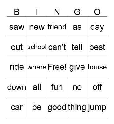 Sight Words Bingo Card
