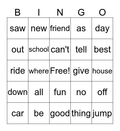 Sight Words Bingo Card