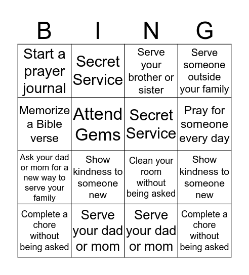 Gems Girls Bingo Card