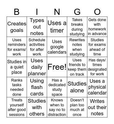 Study and Prioritization Skills Bingo Card