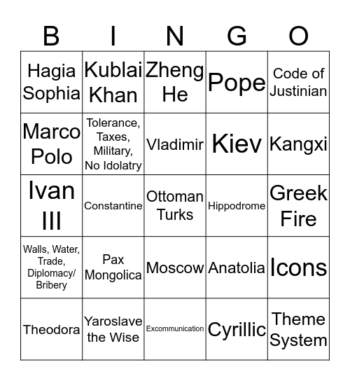 Byzantine, Russian, and Mongolian Empires Bingo Card