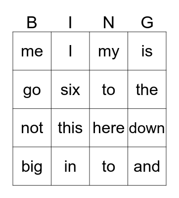 sight words Bingo Card