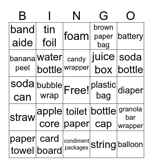 Trash Bingo  Bingo Card