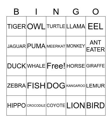 ANIMAL BINGO Card
