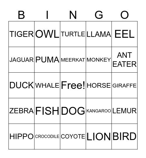 ANIMAL BINGO Card
