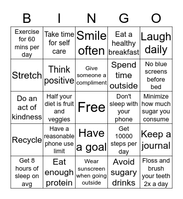 Be Well Bingo Card