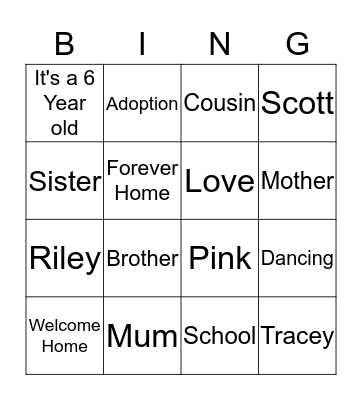 Tracey's Adoption Shower Bingo Card
