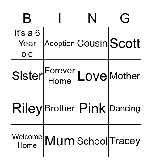 Tracey's Adoption Shower Bingo Card