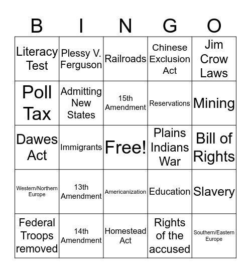 Reconstruction and Westward Expansion Bingo Card