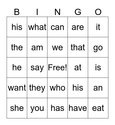 Sight Words Bingo Card