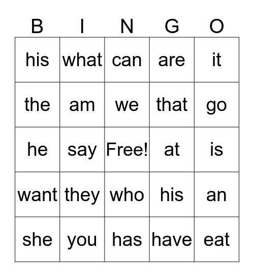 Sight Words Bingo Card