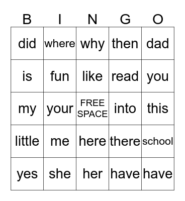 Sight Words Bingo Card