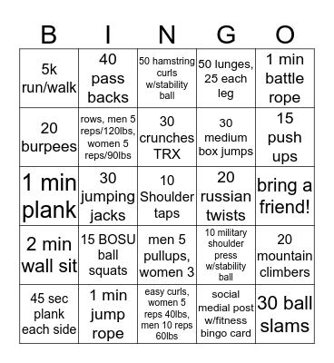 Weight Loss Bingo Card