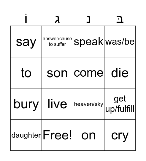 Unit #2 (Chayei Sara) Chumash Vocabulary בִּנְגוֹ Bingo Card