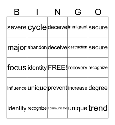 Workshop Vocabulary Bingo Card