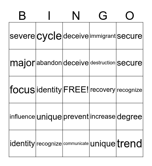 Workshop Vocabulary Bingo Card