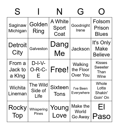 50's and 60's Country Hits Bingo Card