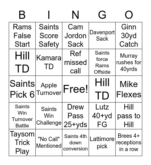 Saints vs Rams Bingo Card
