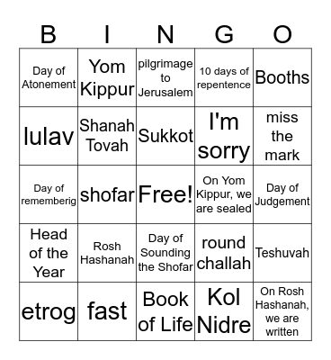 Rosh Hashanah Yom Kippur Sukkot Bingo Card