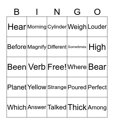 Sight Word Bingo Card
