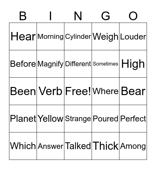 Sight Word Bingo Card