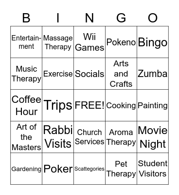 Activity Department Bingo Card