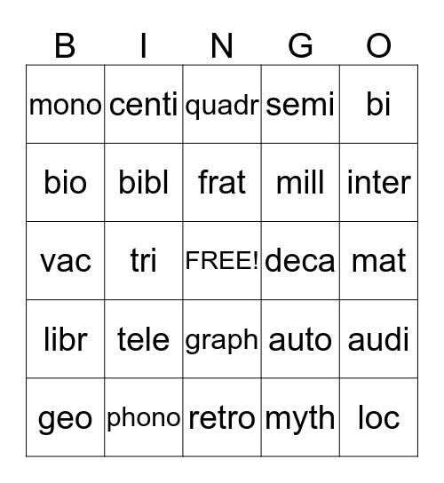 Greek and Latin Affixes Bingo Card