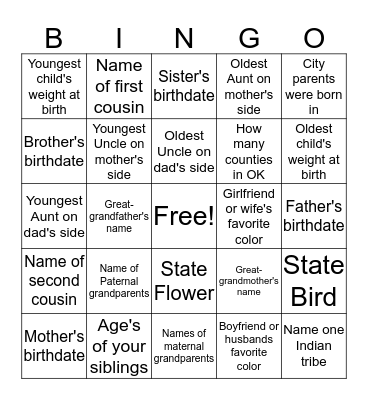 Hill Family Bingo Card