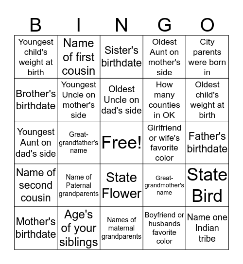 Hill Family Bingo Card