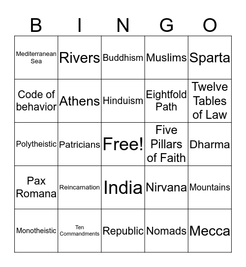 Ancient Civilizations and World Religions Bingo Card