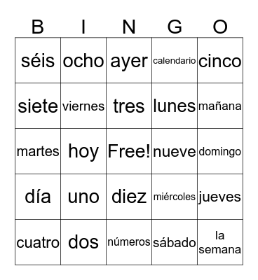 Los días de la semana y los números Bingo Card